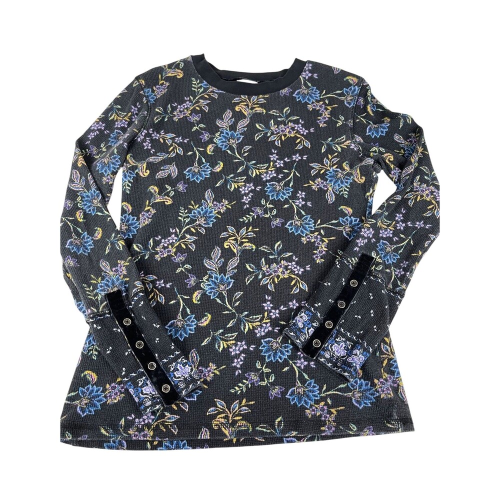Sundance Loretta Thermal Waffle Knit Tee Long Sleeve Black Wildflower Floral M - Picture 8 of 14